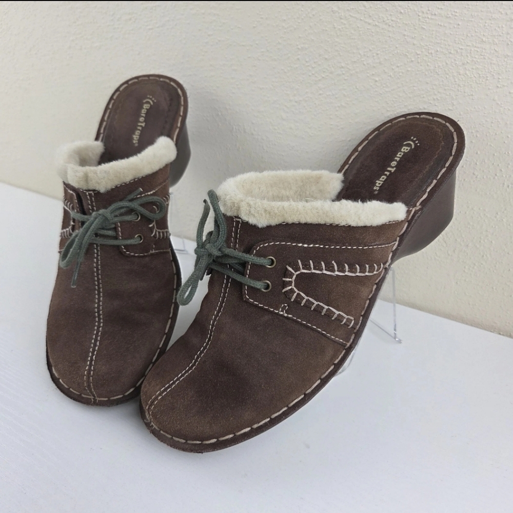 Womens Mules Clogs BARE TRAPS Leather Suede Slip On Brown Fur Lining‎ 9 M